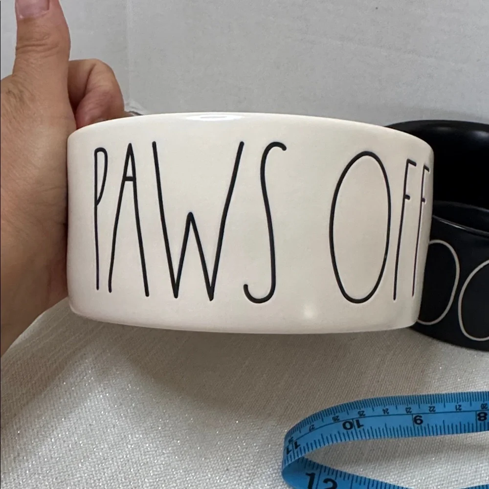 Rae Dunn 2 pet bowls set “paws off” & “spooky” white and black 6x6x1.5” NWOT